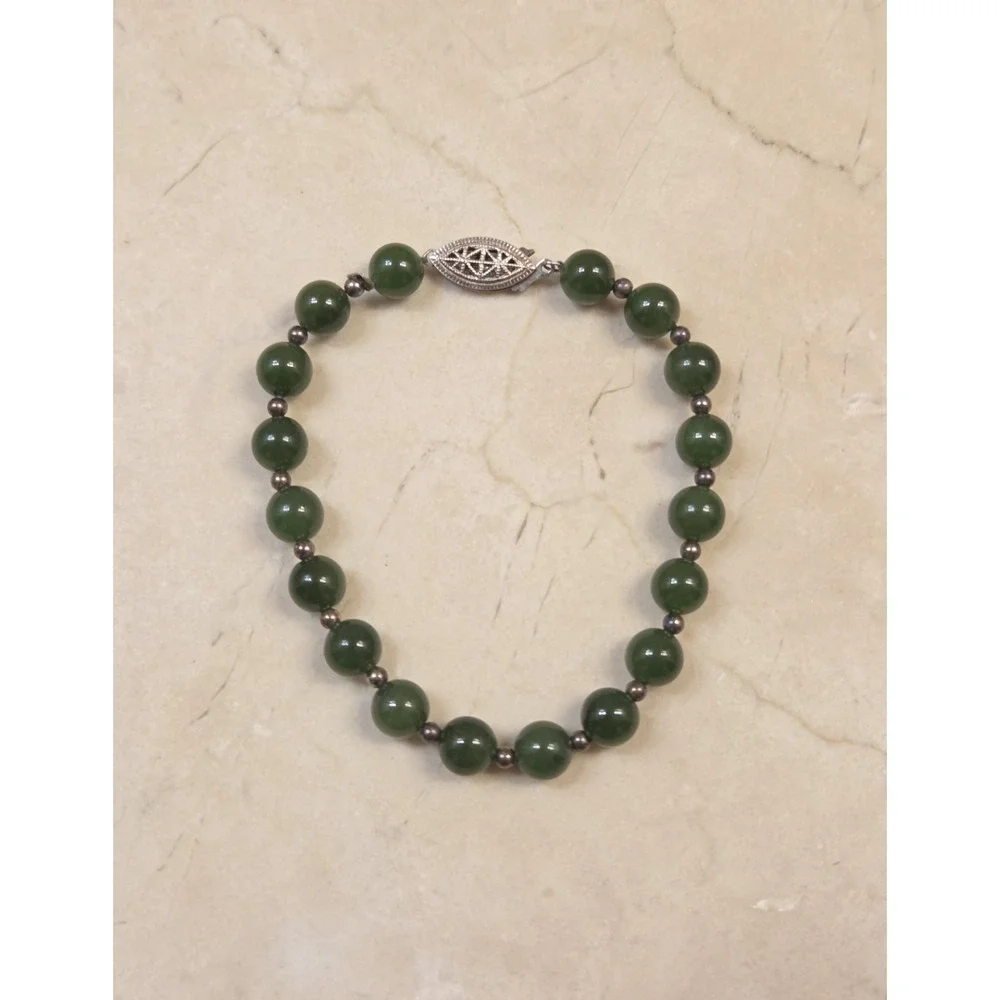 Vintage Sterling Silver & Jade Ball Bracelet 8.5